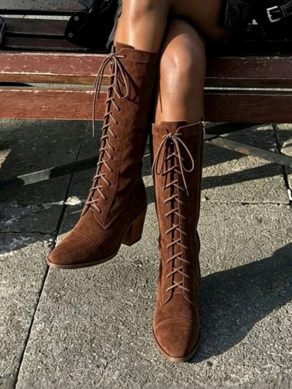 Women's Easter Leather Brown Mid Calf Boots Lace Up Chunky Heel Vintage Combat H - Picture 5 of 7